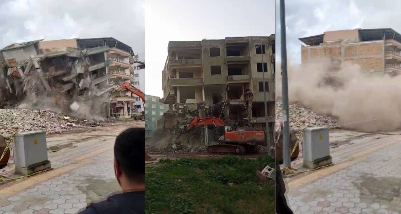 HATAY’DA HASARLI 5 KATLI BİNA İŞ MAKİNESİNİN DARBESİYLE YERLE BİR OLDU 