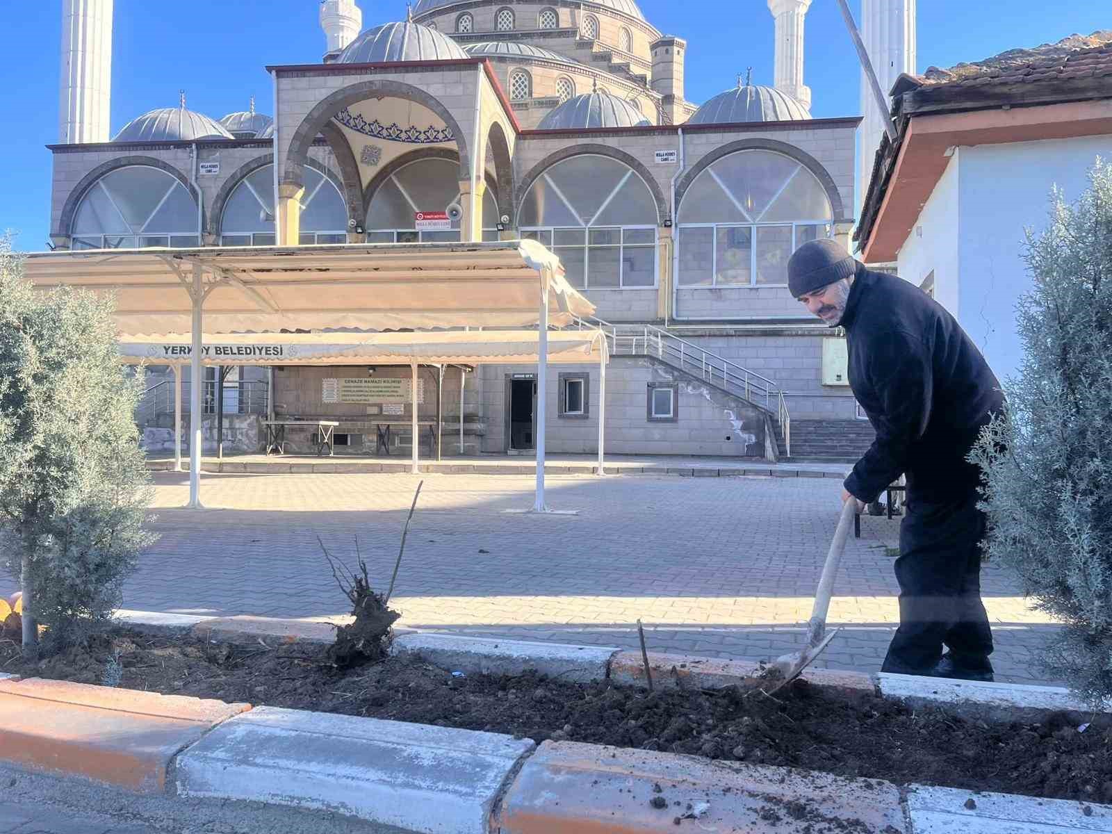 GÖNÜLLÜ OLARAK CAMİ ÖNÜNDEKİ ÇİÇEKLERİN BAKIMINI YAPIYOR 