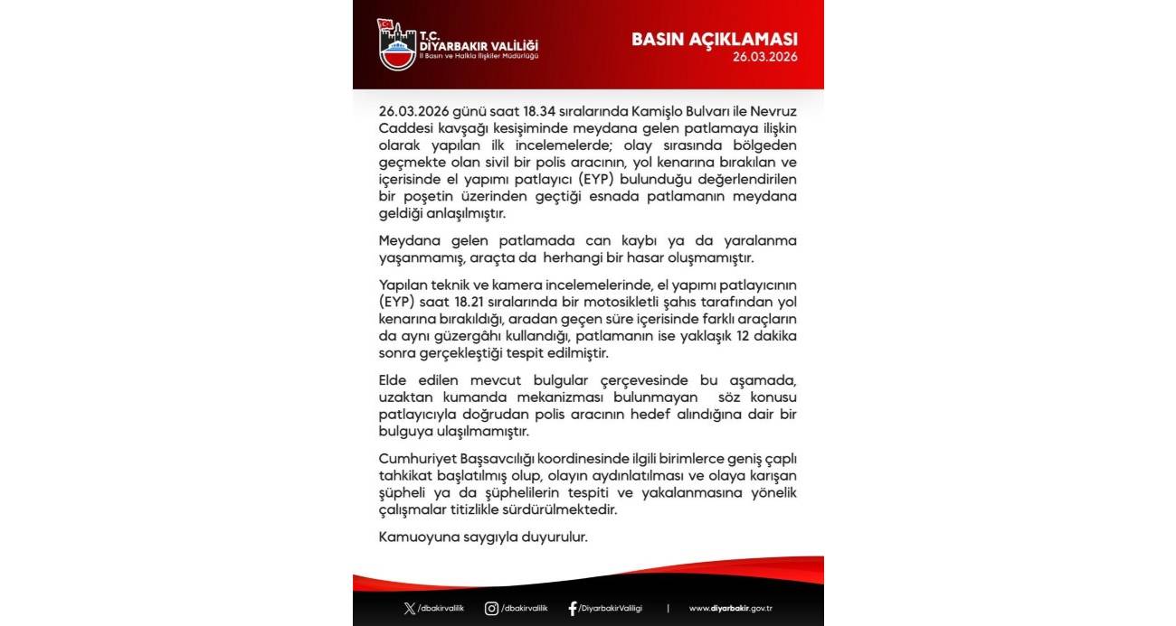 DİYARBAKIR’DA POLİS ARACININ GEÇİŞİ SIRASINDA EYP PATLADI 