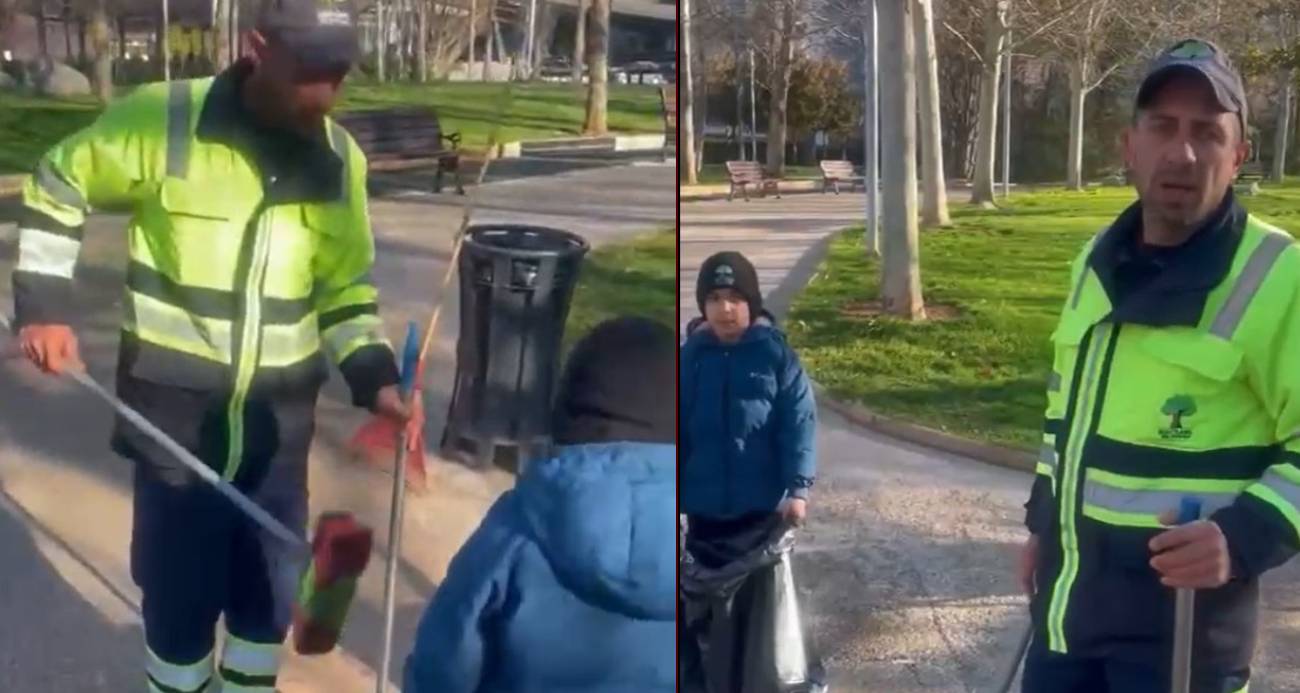 KÜÇÜK OĞLUYLA BİRLİKTE ÇALIŞAN TEMİZLİK İŞÇİSİ DUYGULANDIRDI