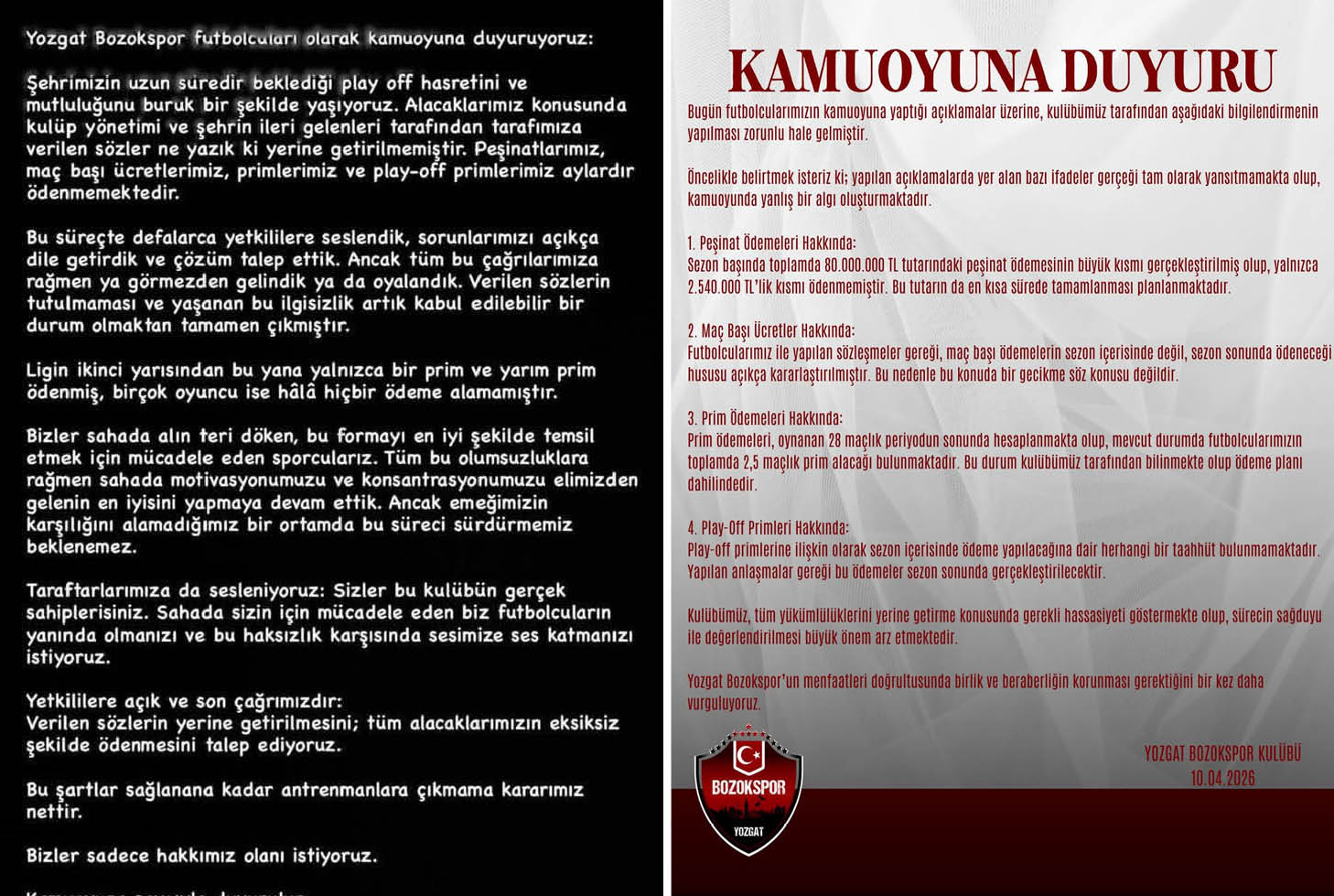 YOZGAT BOZOKSPOR CAMİASINDA FUTBOLCULAR İLE KULÜP YÖNETİMİ ARASINDAKİ PARASAL SORUN  KRİZİ