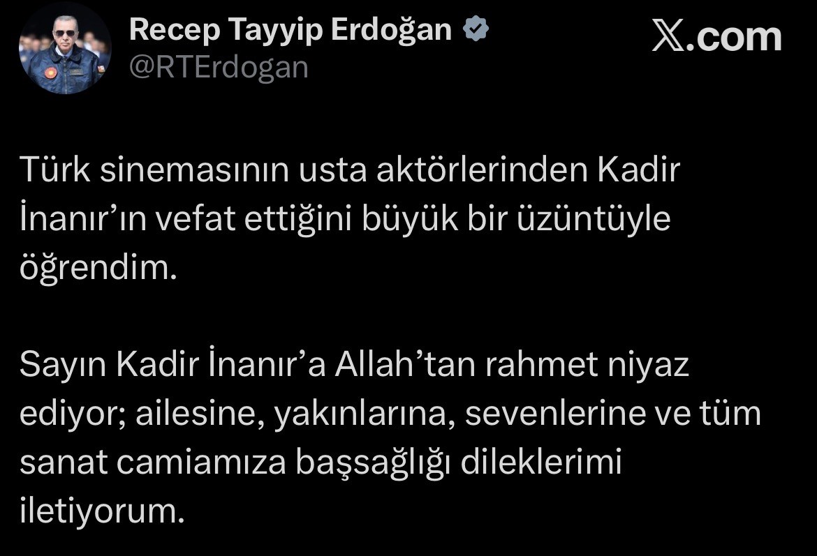 CUMHURBAŞKANI ERDOĞAN’DAN KADİR İNANIR İÇİN TAZİYE MESAJI