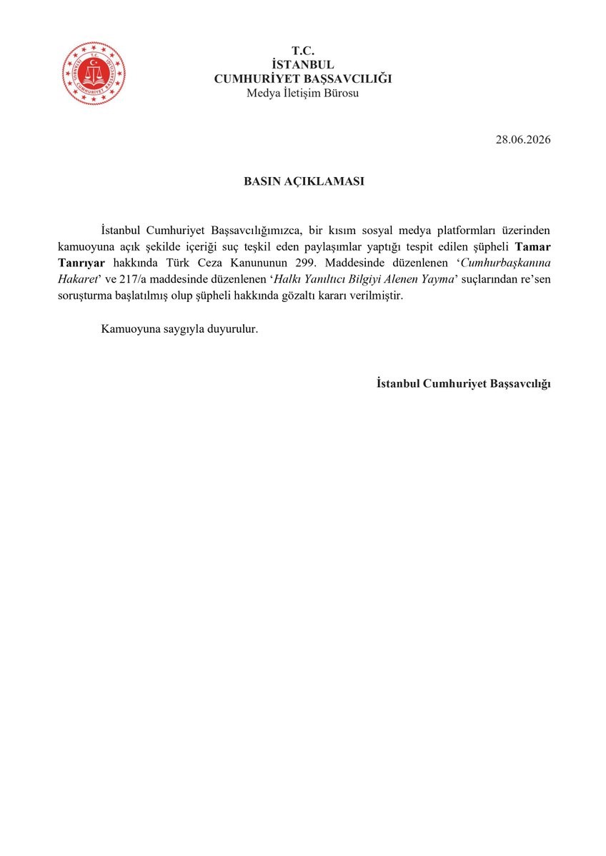 TAMAR TANRIYAR HAKKINDA SOSYAL MEDYA PAYLAŞIMLARI NEDENİYLE GÖZALTI KARARI