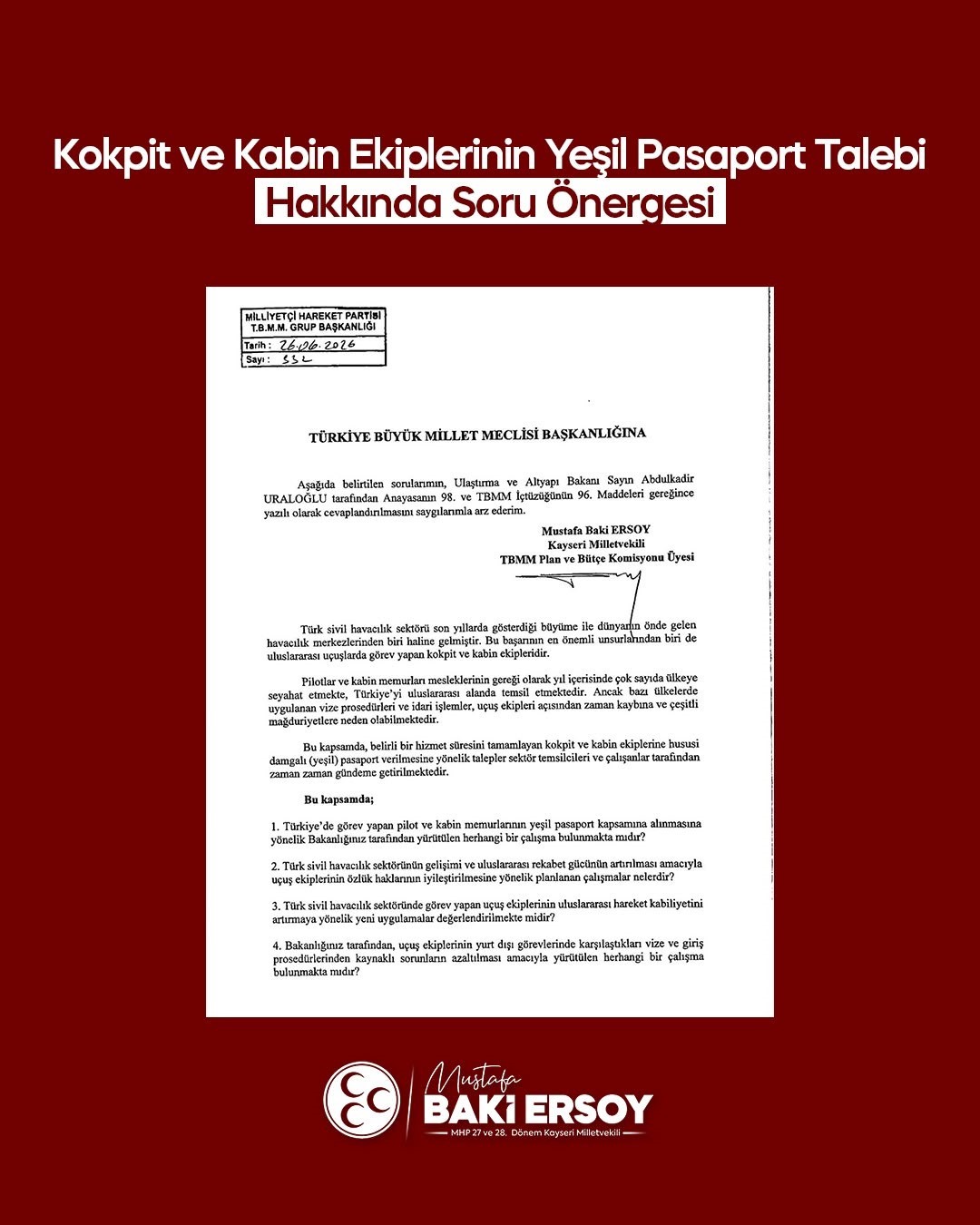 MHP’Lİ ERSOY, KOKPİT VE KABİN EKİPLERİNİN YEŞİL PASAPORT TALEBİNİ TBMM GÜNDEMİNE TAŞIDI