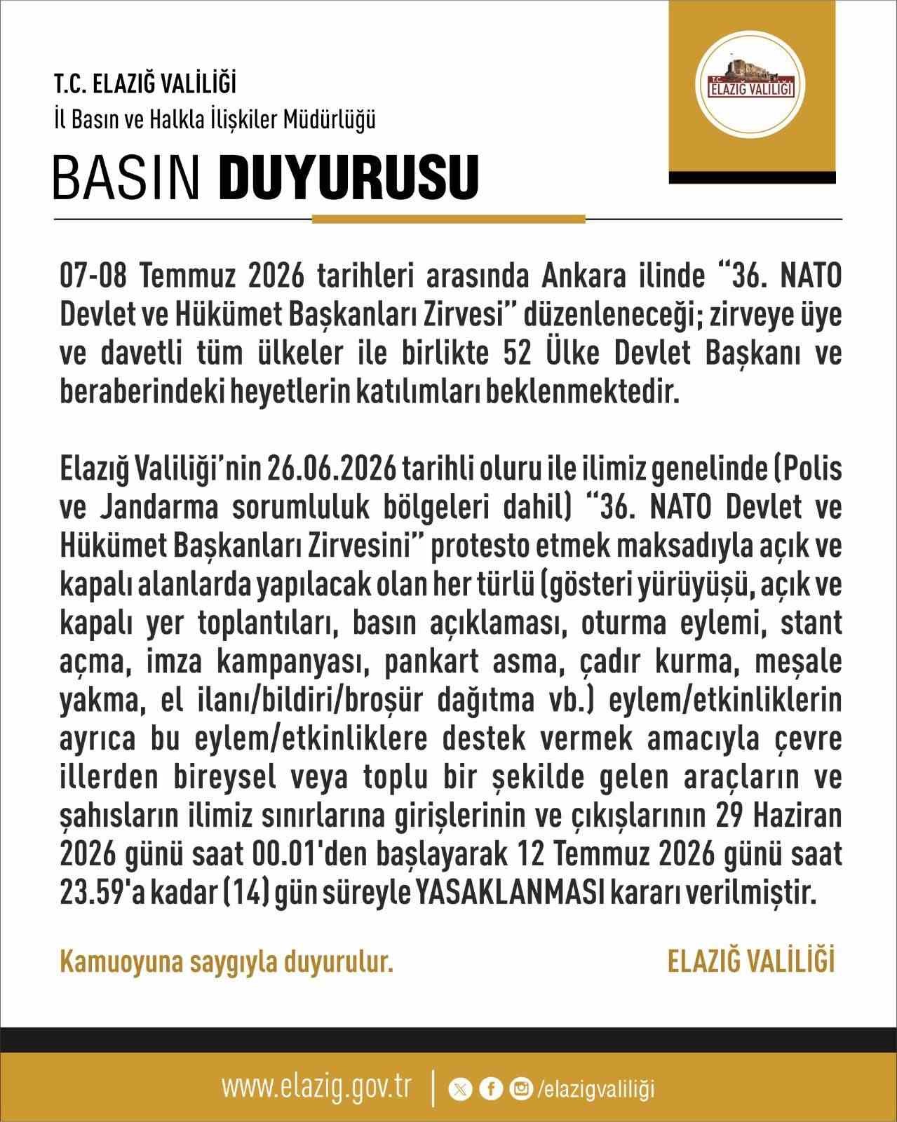 ELAZIĞ’DA 14 GÜNLÜK EYLEM YASAĞI