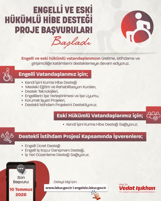 BAKAN IŞIKHAN: "ENGELLİ VE ESKİ HÜKÜMLÜ HİBE DESTEĞİ’NİN 2026 YILI 4. DÖNEM BAŞVURULARINI BAŞLATIYORUZ"