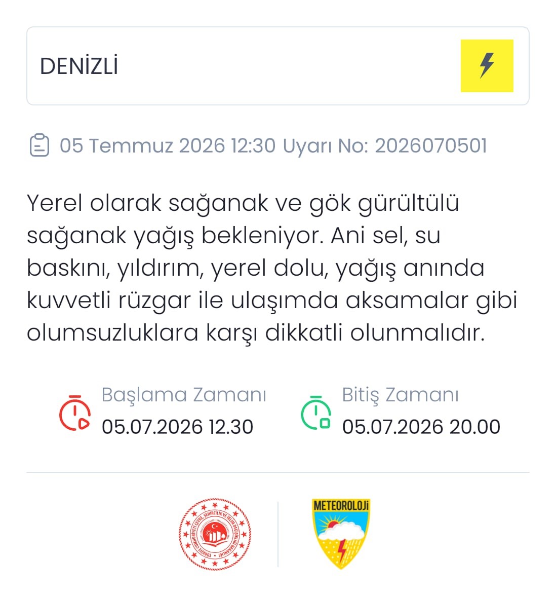 DENİZLİ İÇİN KUVVETLİ YAĞIŞ VE SEL UYARISI