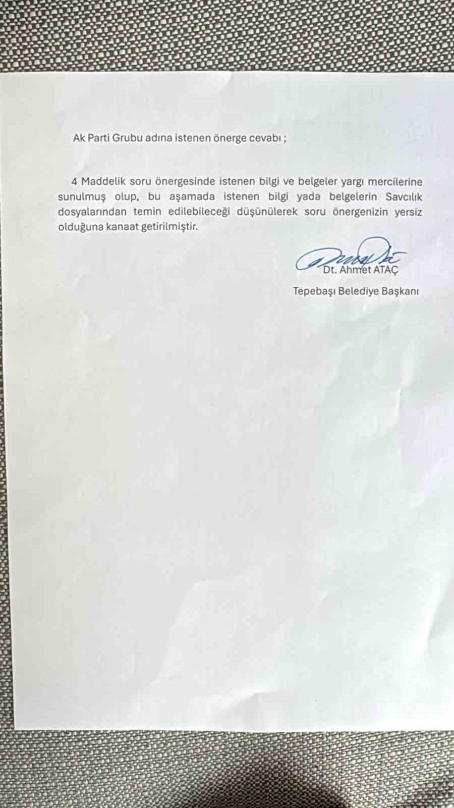 TEPEBAŞI BELEDİYESİ, AK PARTİ GRUBU’NUN 4 MADDELİK YAZILI SORU ÖNERGESİNİ CEVAPSIZ BIRAKTI