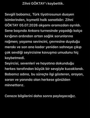 OYUNCU ZİHNİ GÖKTAY HAYATINI KAYBETTİ
