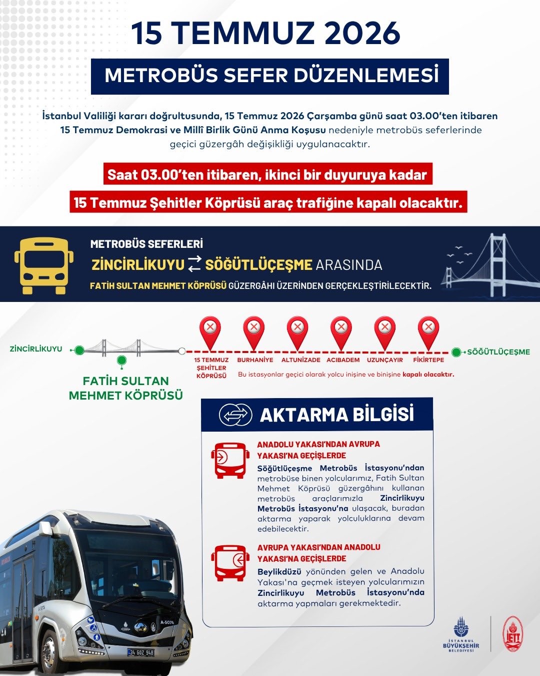 15 TEMMUZ’DA METROBÜS SEFERLERİNDE YENİ DÜZENLEME: METROBÜSLER FSM KÖPRÜSÜ’NDEN GEÇECEK