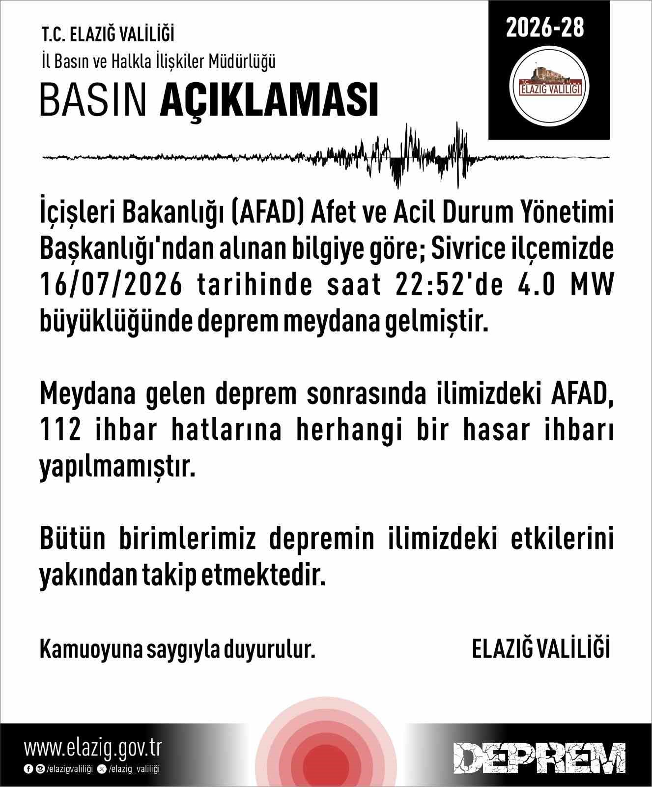 ELAZIĞ VALİLİĞİ’NDEN DEPREM AÇIKLAMASI