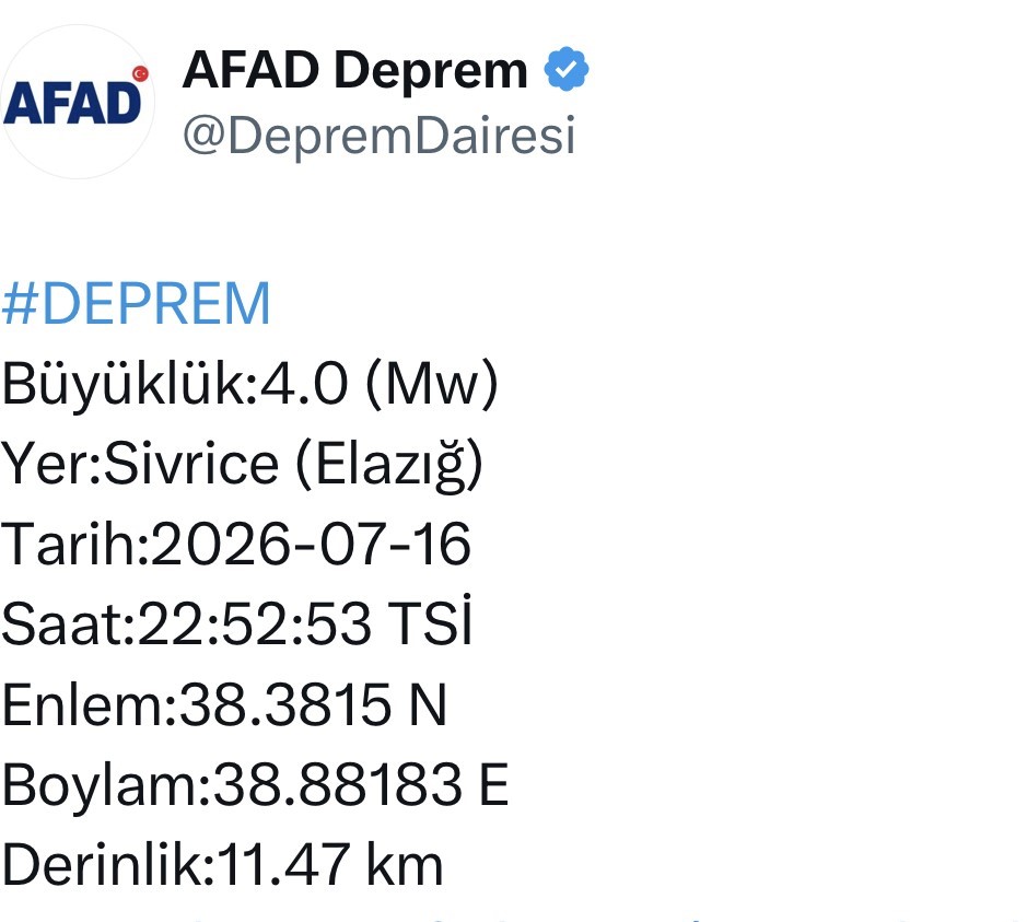 ELAZIĞ’DA 4.0 BÜYÜKLÜĞÜNDE DEPREM