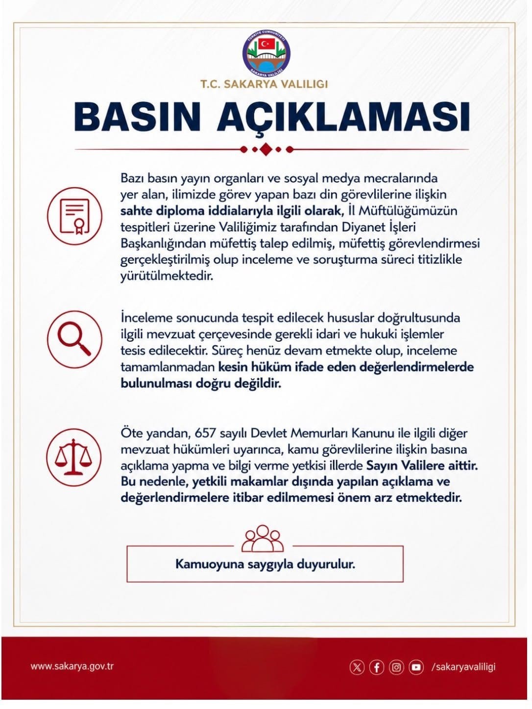 SAKARYA VALİLİĞİNDEN SAHTE İMAM İDDİALARINA İLİŞKİN AÇIKLAMA