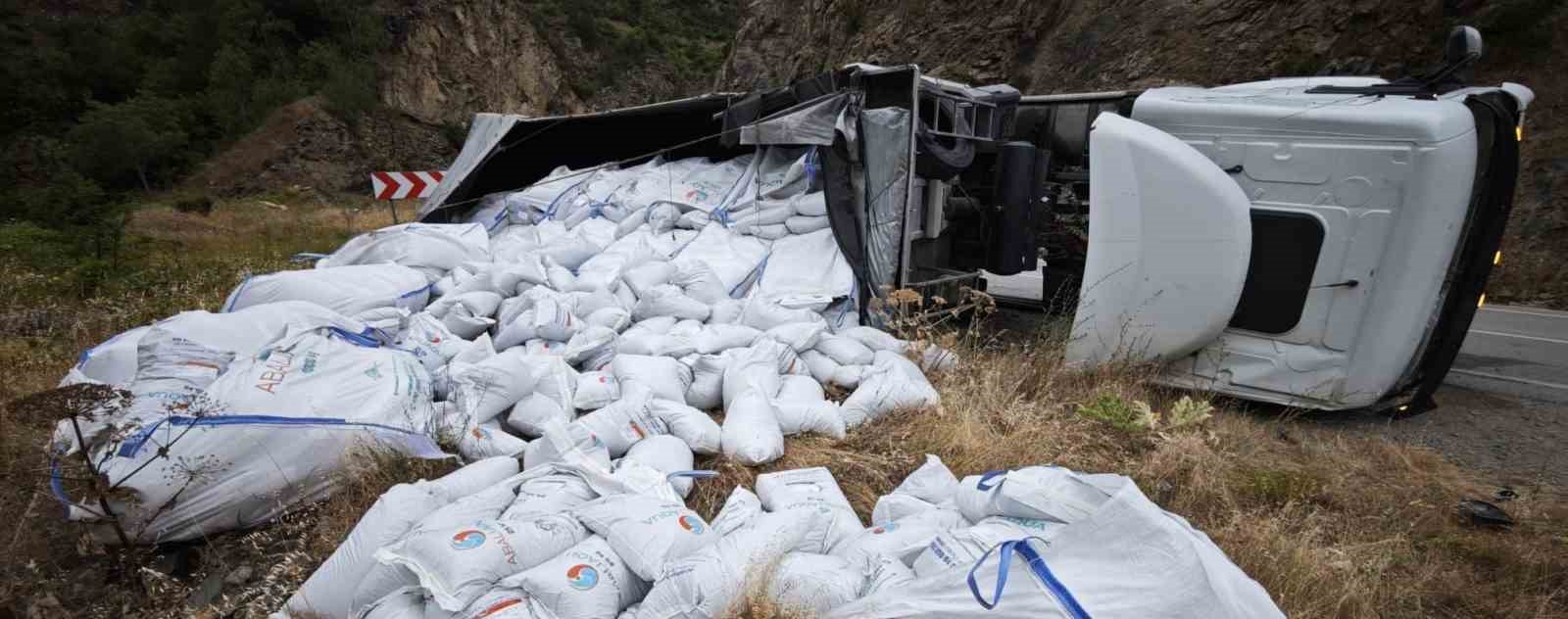 GÜMÜŞHANE’DE BALIK YEMİ YÜKLÜ TIR DEVRİLDİ: SÜRÜCÜ YARALANDI
