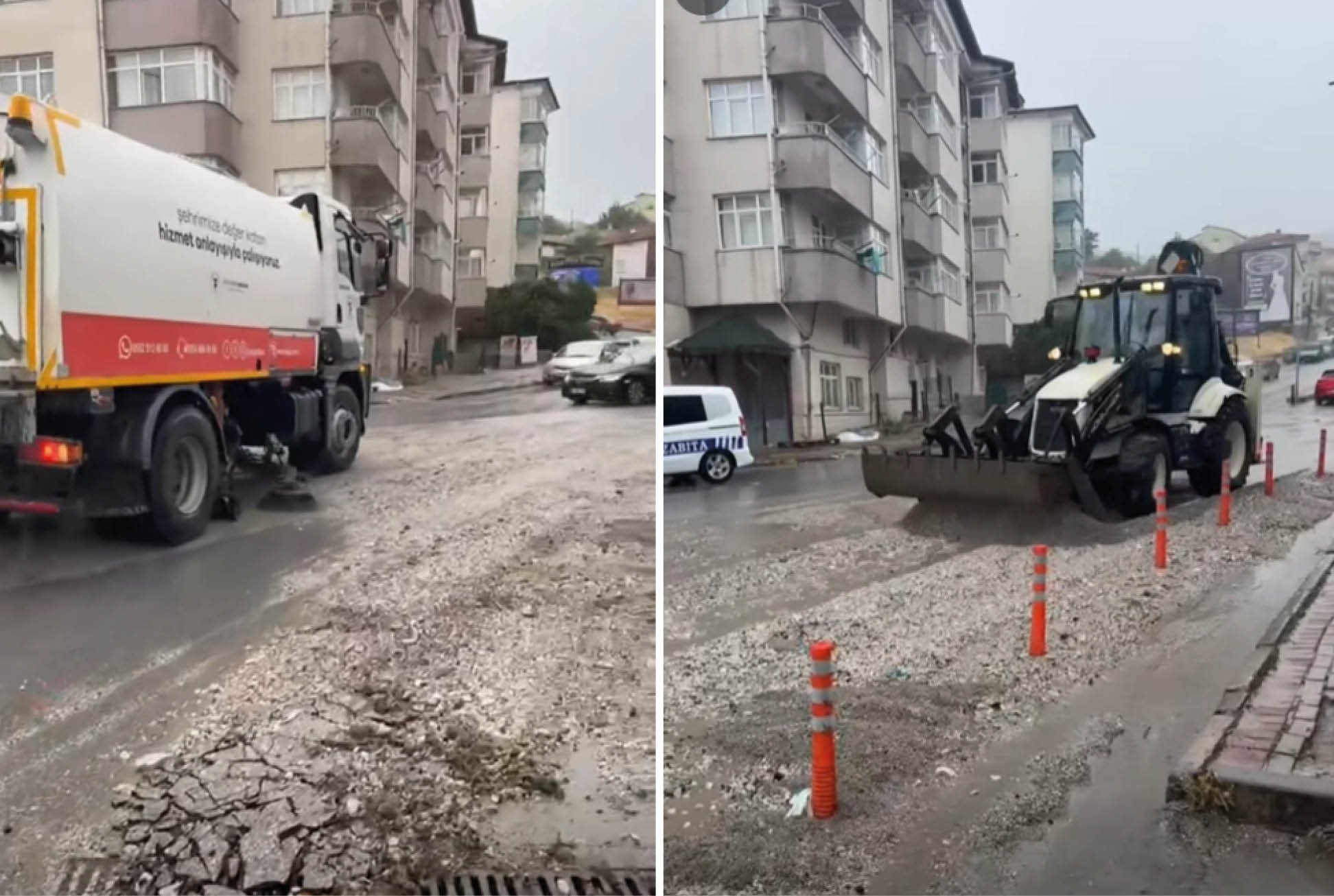 YAĞIŞ SONRASI CADDELERDE OLUŞAN MOLOZ VE ÇAMURLAR TEMİZLENİYOR