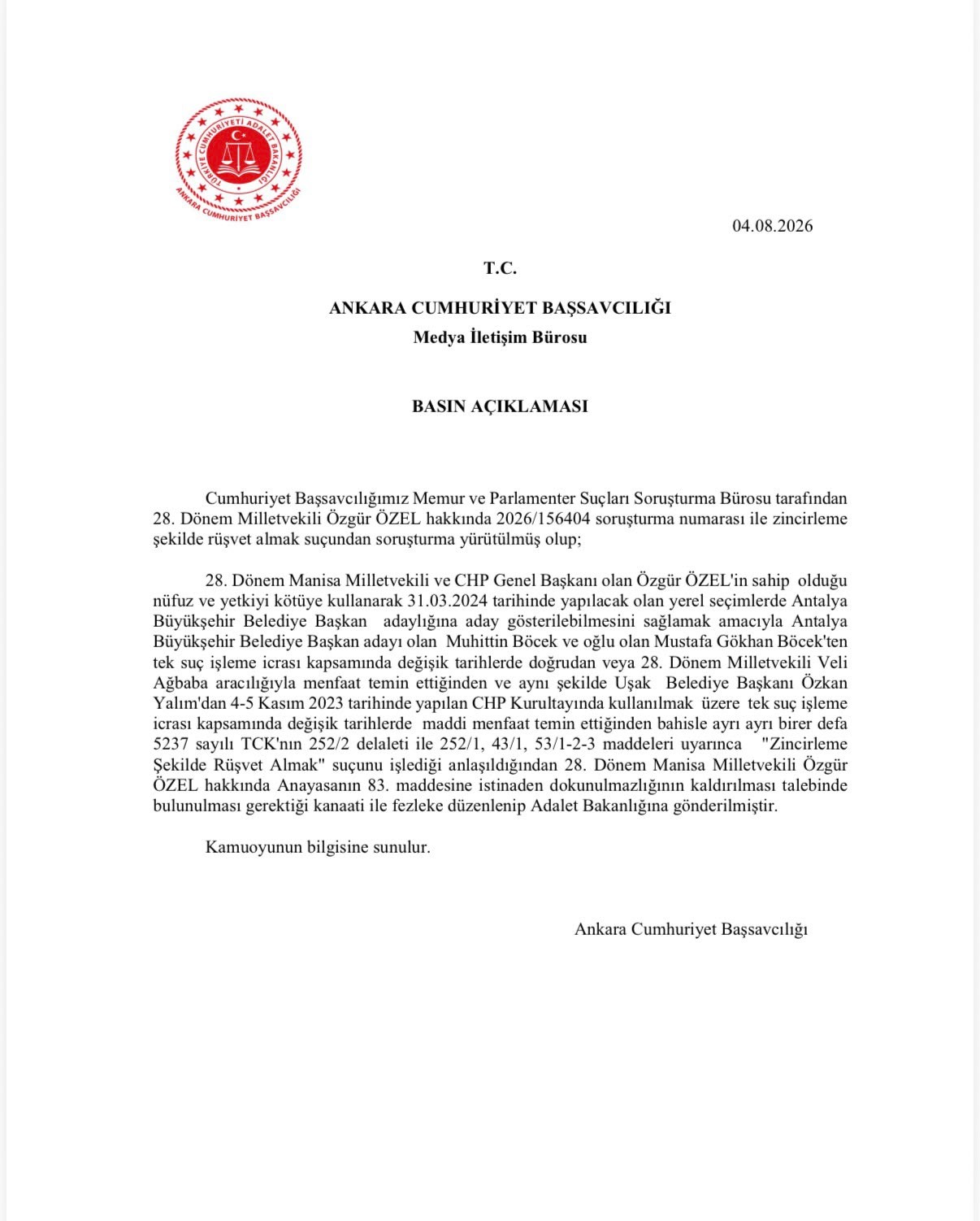 ÖZGÜR ÖZEL’İN DOKUNULMAZLIĞININ KALDIRILMASI İÇİN HAZIRLANAN FEZLEKE ADALET BAKANLIĞINA GÖNDERİLDİ