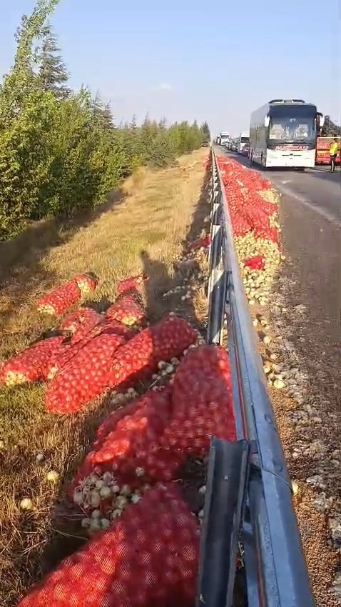 KAMYON DEVRİLDİ, TONLARCA SOĞAN YOLA SAÇILDI: 2 YARALI