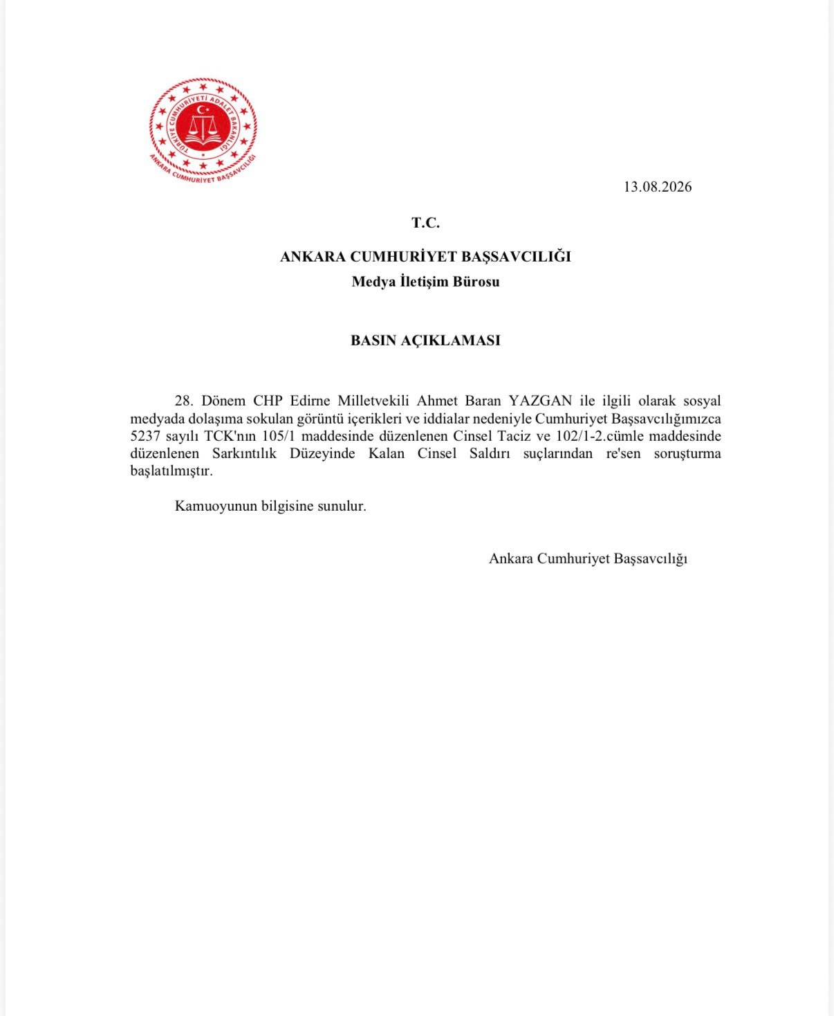 CHP’Lİ MİLLETVEKİLİ YAZGAN HAKKINDA TACİZ İDDİASIYLA RE’SEN SORUŞTURMA BAŞLATILDI