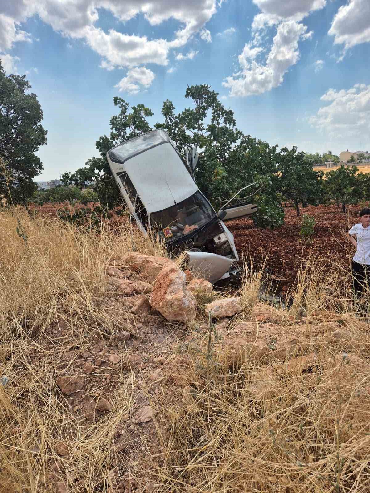 KAZA YAPAN OTOMOBİL FISTIK AĞACINDA ASILI KALDI: 2 YARALI