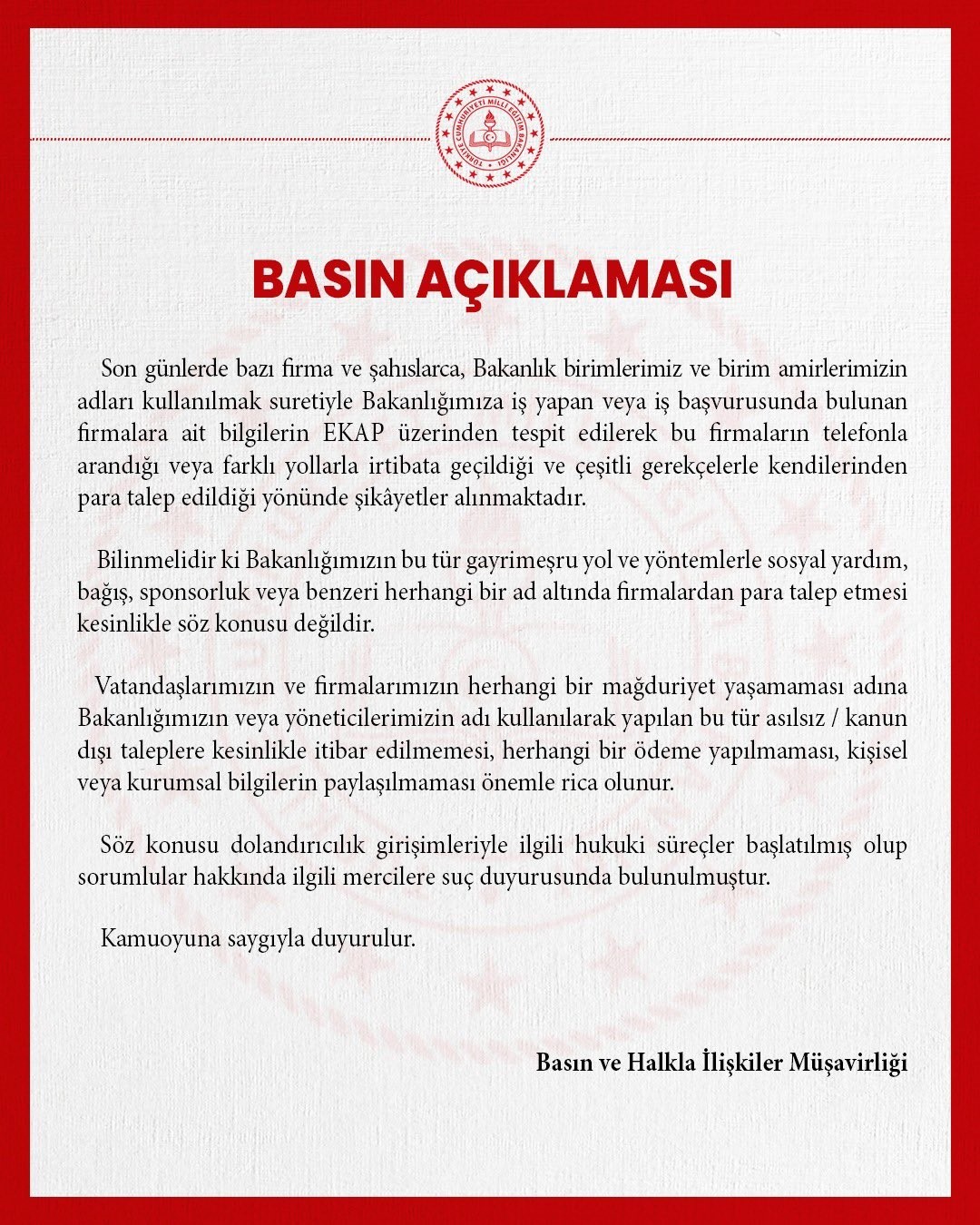 MEB: "BAKANLIĞIMIZIN SOSYAL YARDIM VEYA BAĞIŞ ADI ALTINDA FİRMALARDAN PARA TALEP ETMESİ SÖZ KONUSU DEĞİLDİR"