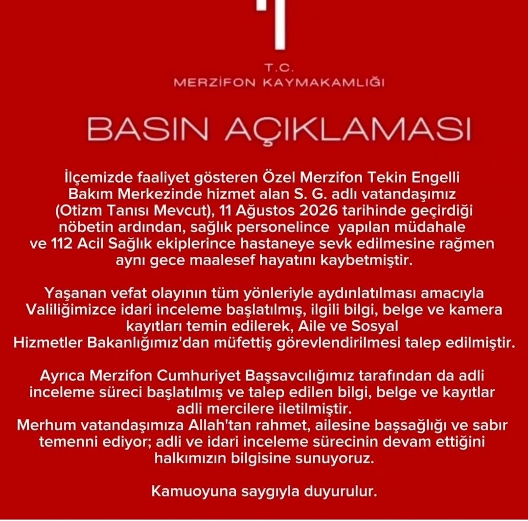 AMASYA’DA ÖZEL BAKIMEVİNDE RAHATSIZLANAN OTİZMLİ VATANDAŞIN ÖLÜMÜNE İNCELEME