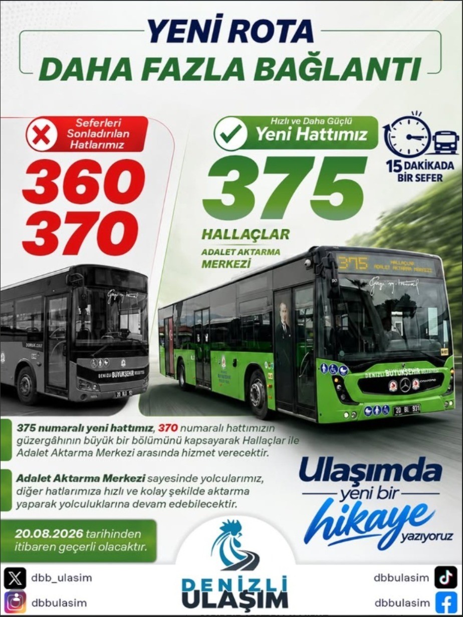 DENİZLİ’DE 360 VE 370 NUMARALI OTOBÜSLER İPTAL EDİLDİ, YENİ 375 HATTI BAŞLIYOR
