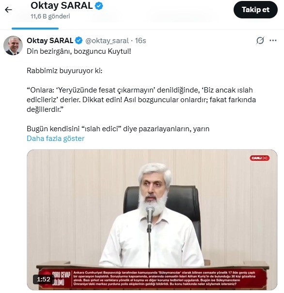CUMHURBAŞKANI BAŞDANIŞMANI SARAL’DAN KUYTUL’A TEPKİ: "SENİN DE SUYUN YETERİNCE ISINDI KUYTUL"