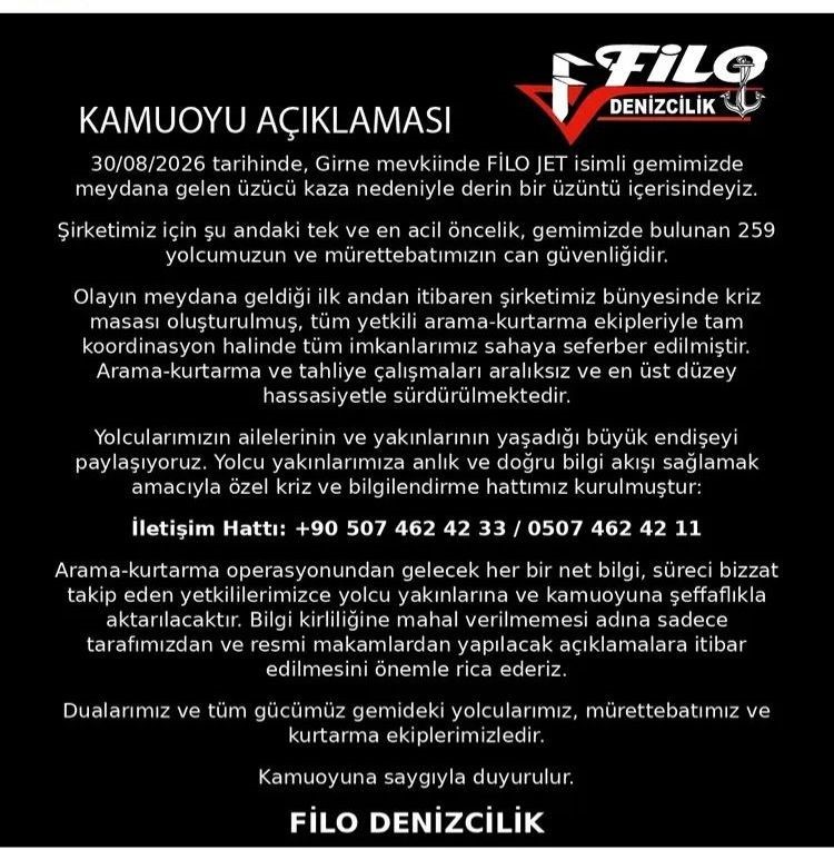 FİLO DENİZCİLİK’TEN GİRNE AÇIKLARINDAKİ KAZA SONRASI AÇIKLAMA: YOLCU YAKINLARI İÇİN KRİZ VE BİLGİLENDİRME HATTI KURULDU