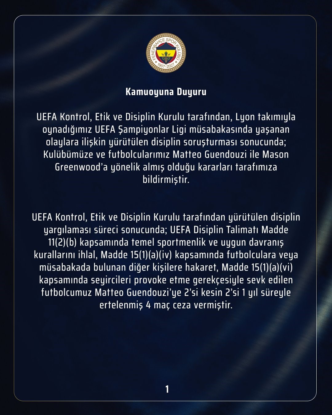 FENERBAHÇE’DEN UEFA KARARINA DAİR AÇIKLAMA