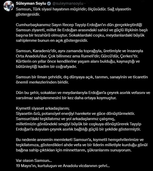 SÜLEYMAN SOYLU: "SAMSUN, TÜRK SİYASİ HAYATININ MÜŞİRİDİR; ÖLÇÜSÜDÜR"