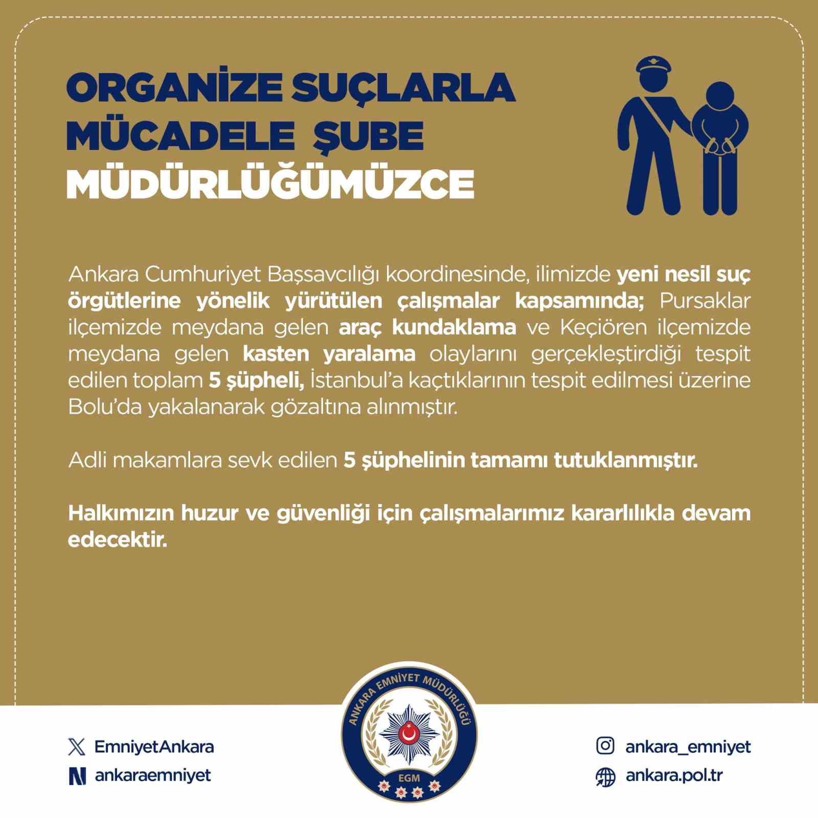 ANKARA EMNİYET’İNDEN YENİ NESİL SUÇ ÖRGÜTLERİNE OPERASYON: 5 KİŞİ TUTUKLANDI