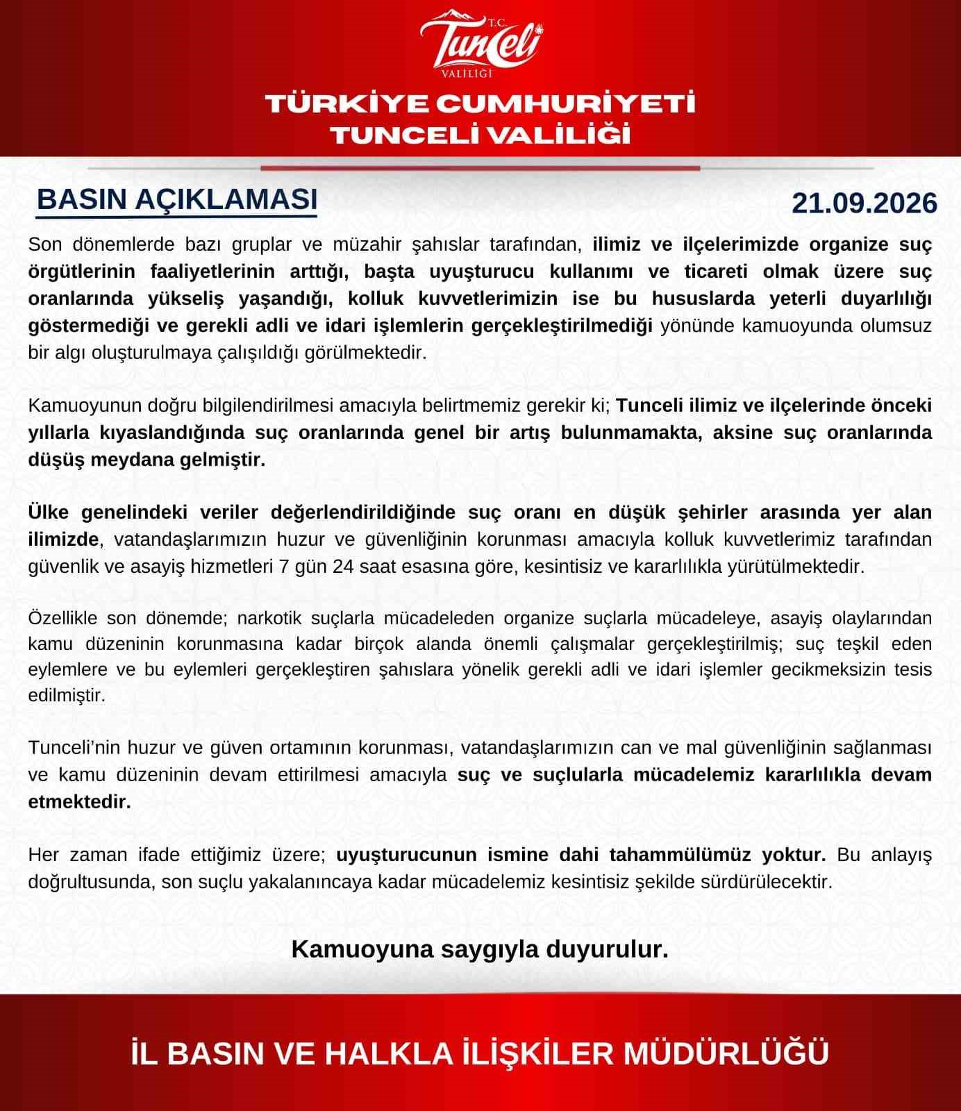 TUNCELİ VALİLİĞİ: "SUÇ ORANLARINDA GENEL BİR ARTIŞ YOK, AKSİNE DÜŞÜŞ VAR"