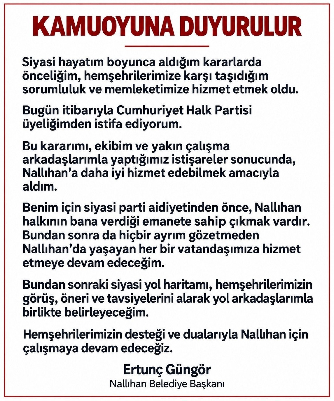 NALLIHAN BELEDİYE BAŞKANI GÜNGÖR, CHP’DEN İSTİFA ETTİ