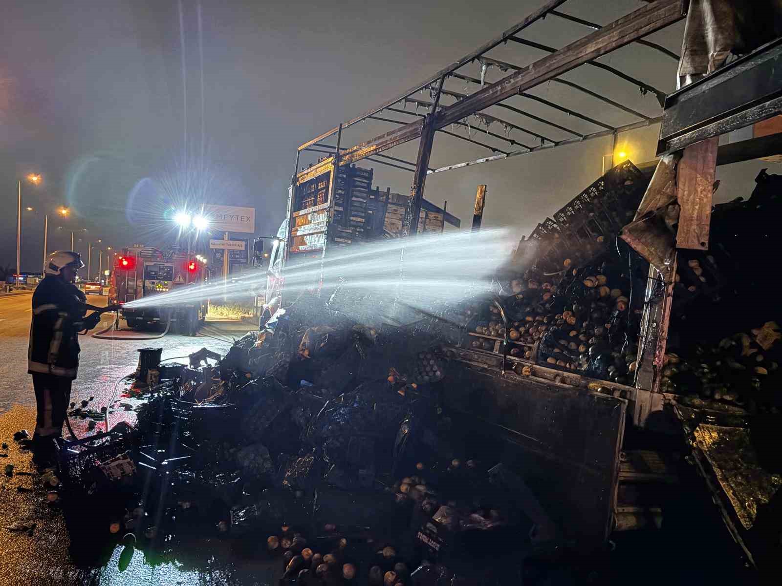 KAYSERİ’DE SEBZE VE MEYVE YÜKLÜ KAMYON ALEVLERE TESLİM OLDU
