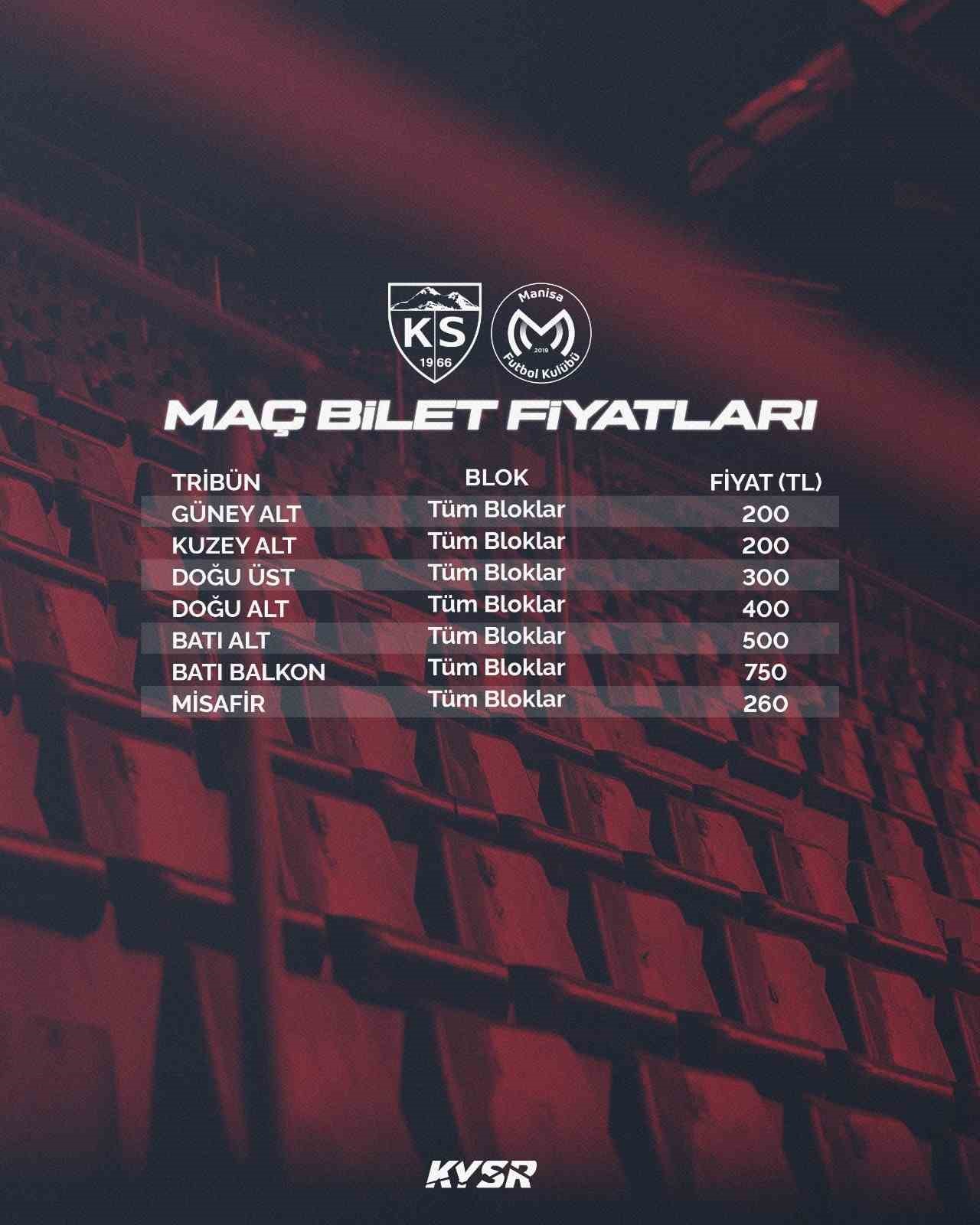 KAYSERİSPOR-MANİSA FK MAÇININ BİLET FİYATLARI BELLİ OLDU