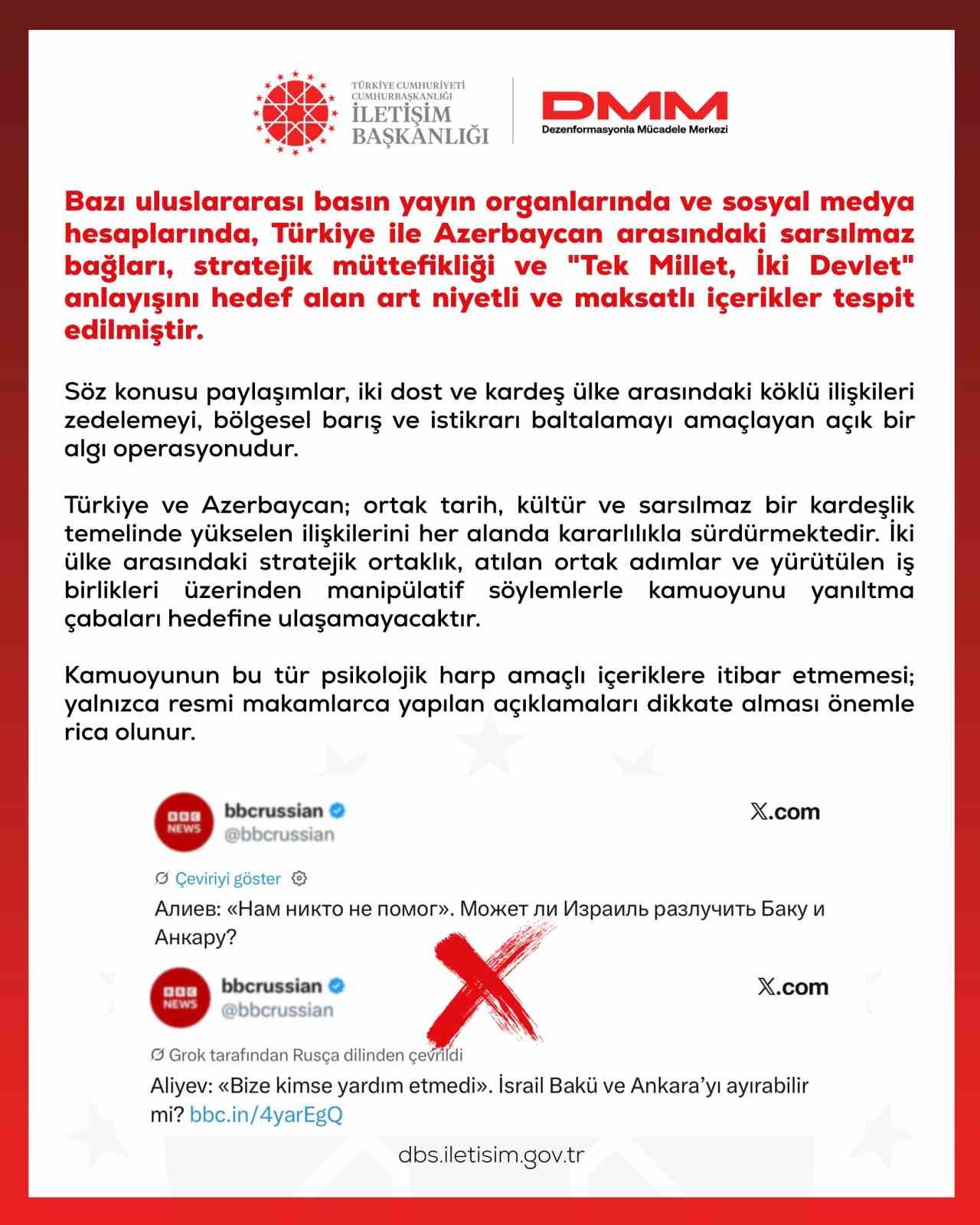 DEZENFORMASYONLA MÜCADELE MERKEZİ: "TÜRKİYE VE AZERBAYCAN, KARDEŞLİK TEMELİNDE YÜKSELEN İLİŞKİLERİNİ KARARLILIKLA SÜRDÜRMEKTEDİR"