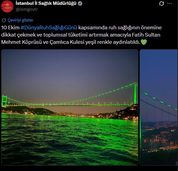FATİH SULTAN MEHMET KÖPRÜSÜ VE ÇAMLICA KULESİ YEŞİL IŞIKLAR İLE AYDINLATILDI