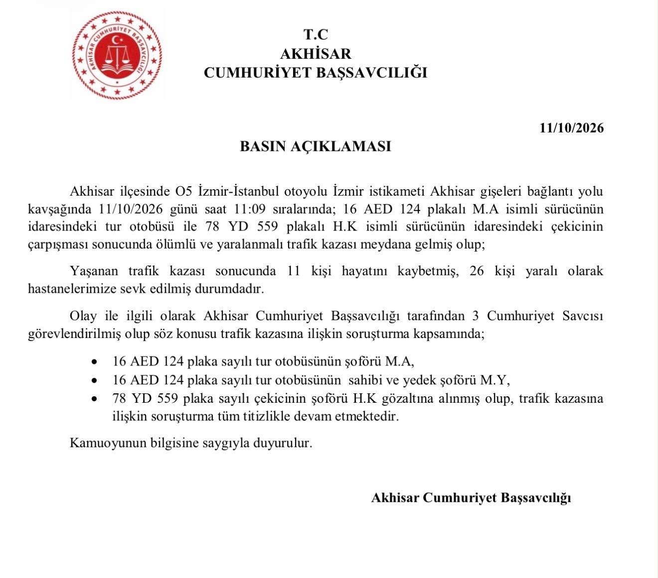 MANİSA’DA 11 KİŞİNİN HAYATINI KAYBETTİĞİ TRAFİK KAZASINDA 3 KİŞİ GÖZALTINA ALINDI
