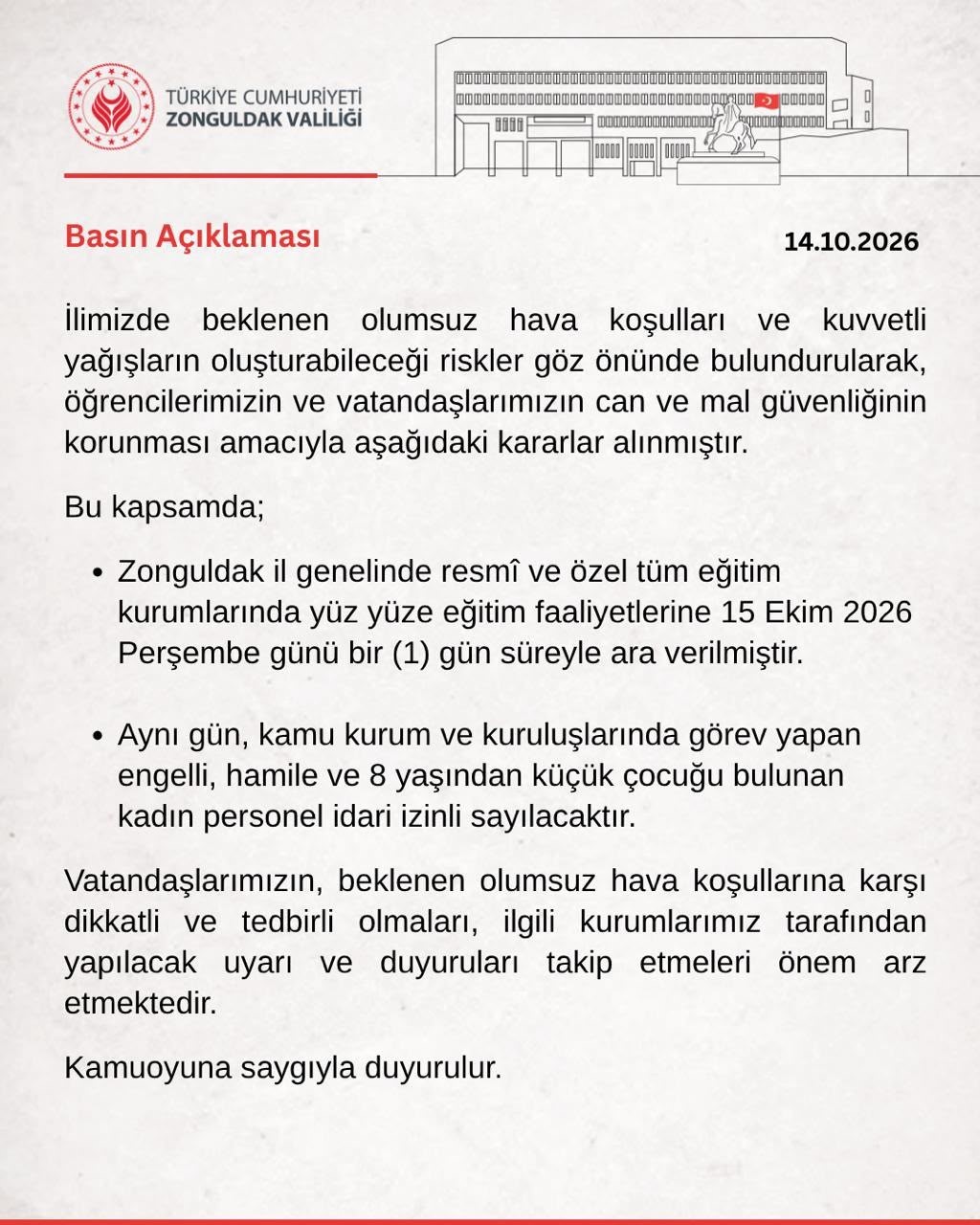 ZONGULDAK’TA EĞİTİME BİR GÜN ARA VERİLDİ