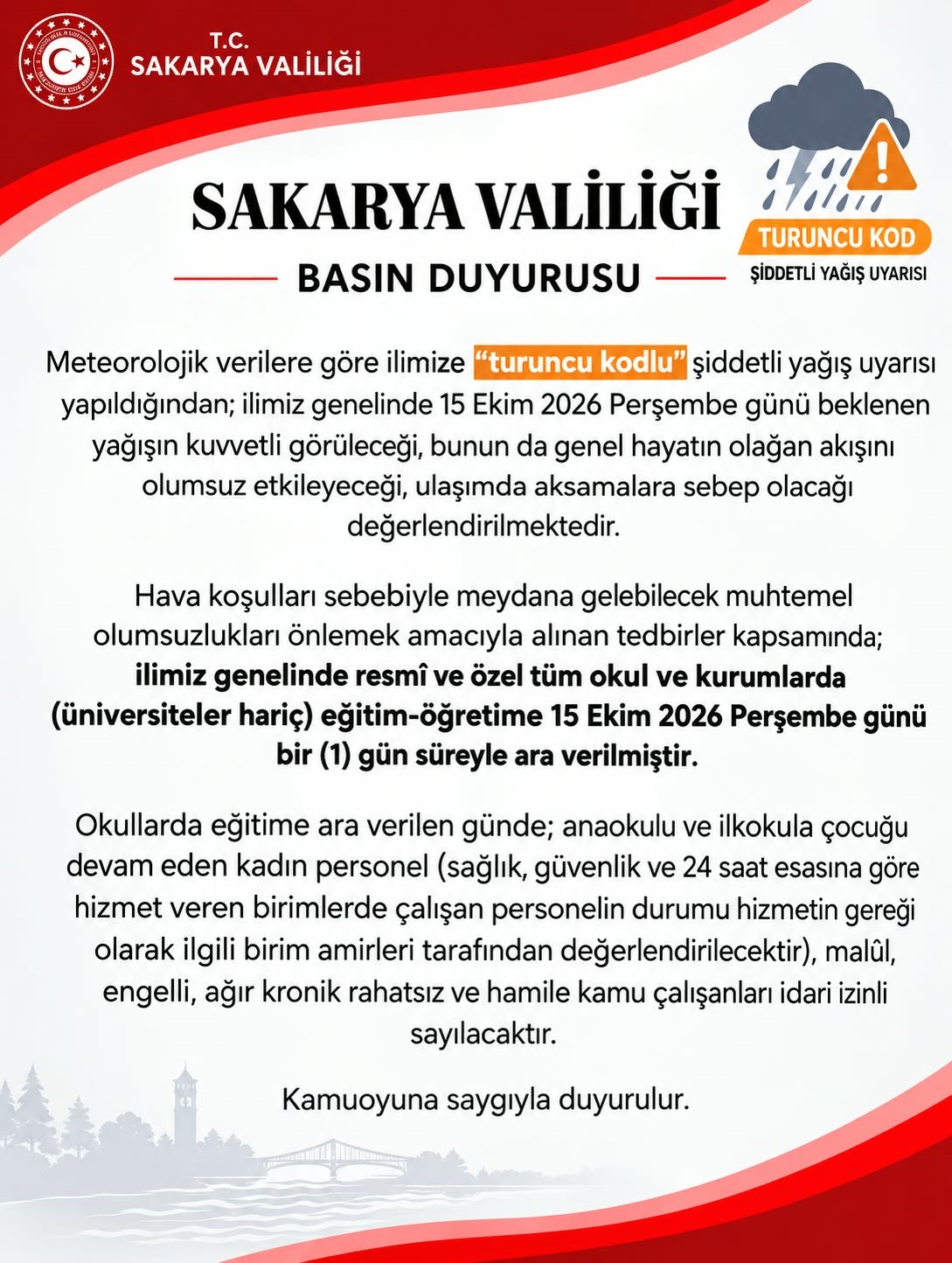 SAKARYA’DA OKULLAR 1 GÜN TATİL EDİLDİ