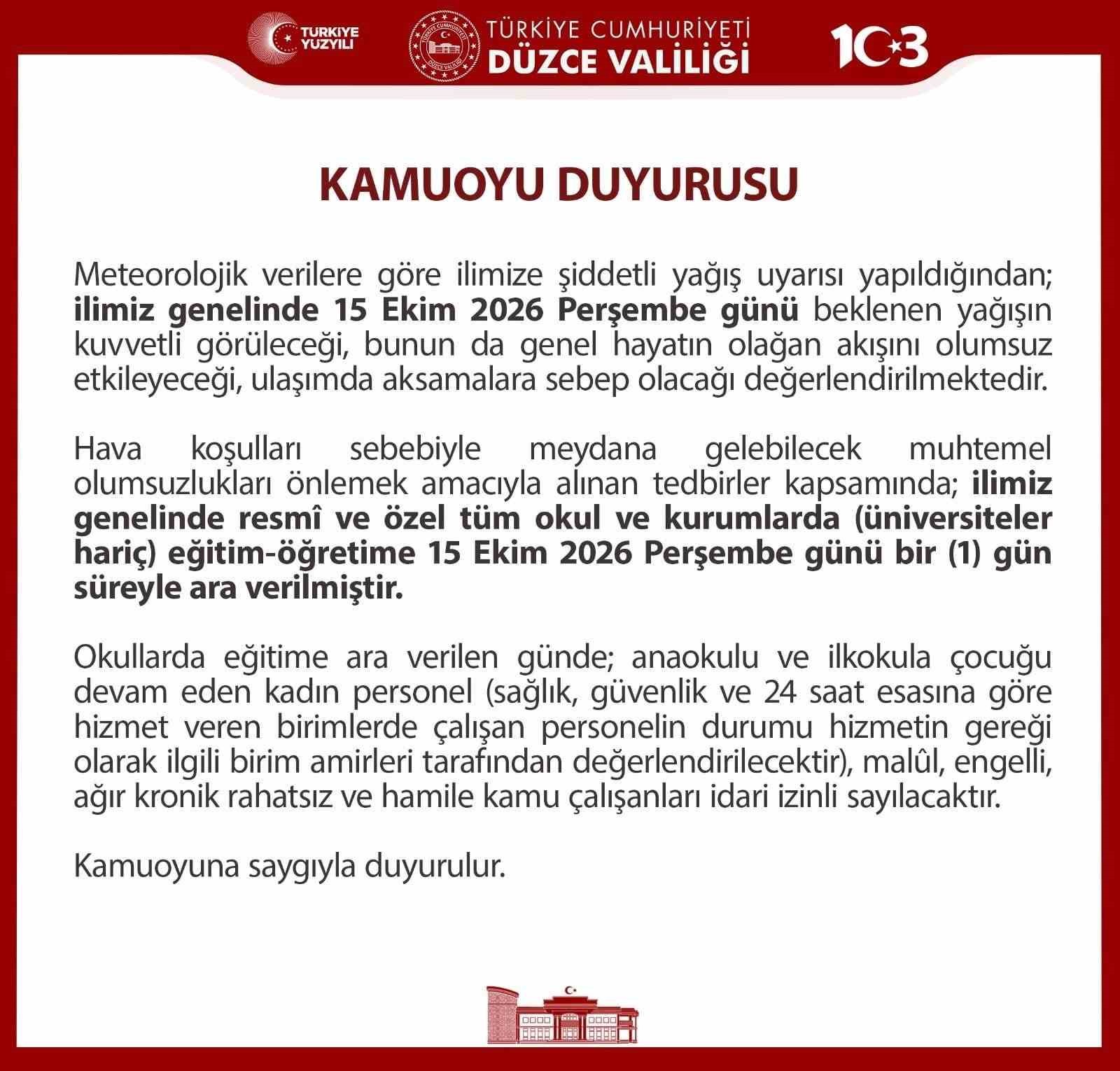 DÜZCE’DE EĞİTİME SAĞANAK YAĞIŞ ENGELİ