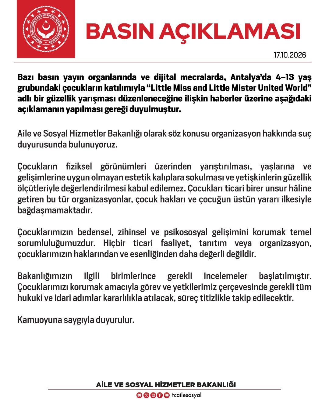 ‘LİTTLE MİSS AND LİTTLE MİSTER UNİTED WORLD’ ADLI YARIŞMAYA AİLE VE SOSYAL HİZMETLER BAKANLIĞINDAN SUÇ DUYURUSU