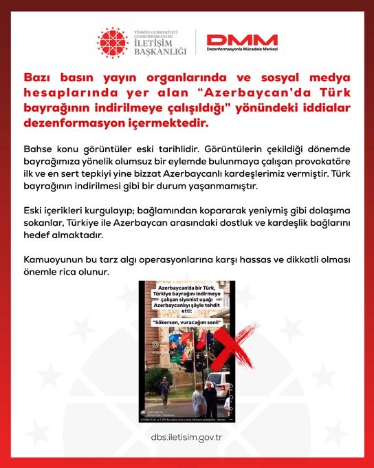 DMM’DEN, "AZERBAYCAN’DA TÜRK BAYRAĞININ İNDİRİLMEYE ÇALIŞILDIĞI" İDDİALARINA YALANLAMA