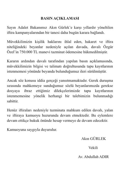 ÖZGÜR ÖZEL, ADALET BAKANI GÜRLEK’E 750 BİN LİRA MANEVİ TAZMİNAT ÖDEYECEK