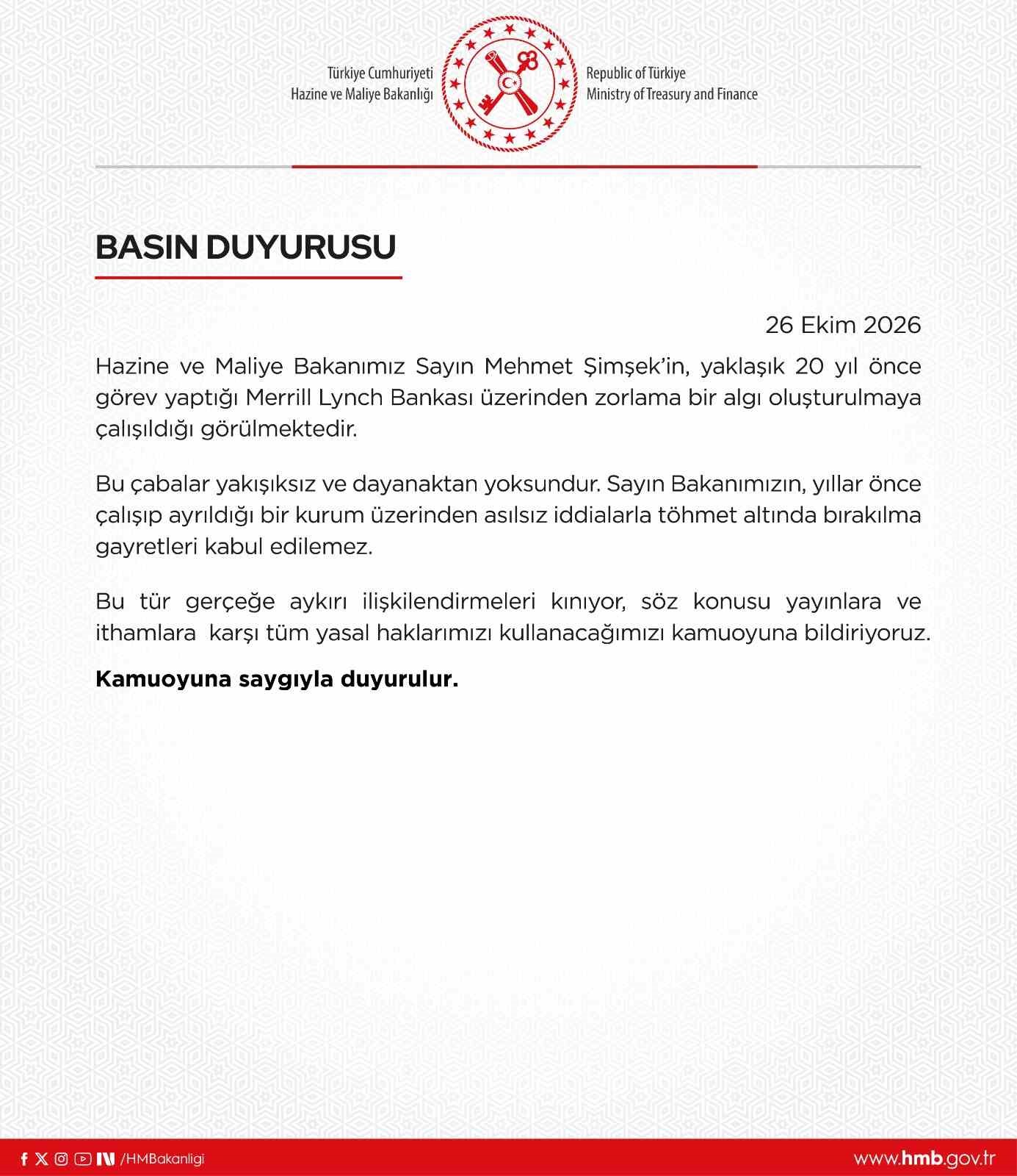 BAKAN ŞİMŞEK’E YÖNELİK İDDİALARA İLİŞKİN HAZİNE VE MALİYE BAKANLIĞINDAN YALANLAMA