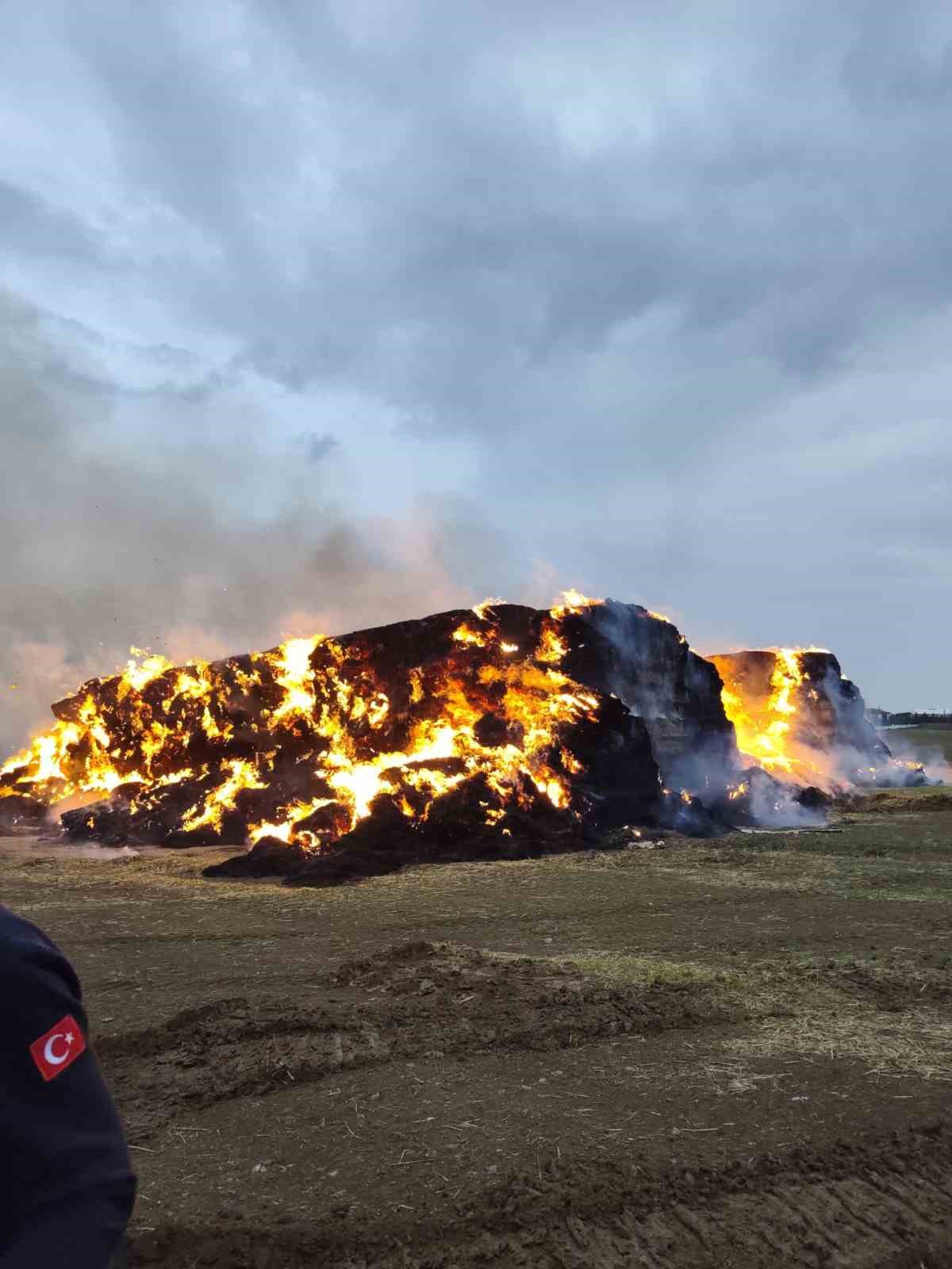 YILDIRIM DÜŞTÜ, 500 TON SAMAN BALYASI ALEV ALEV YANDI