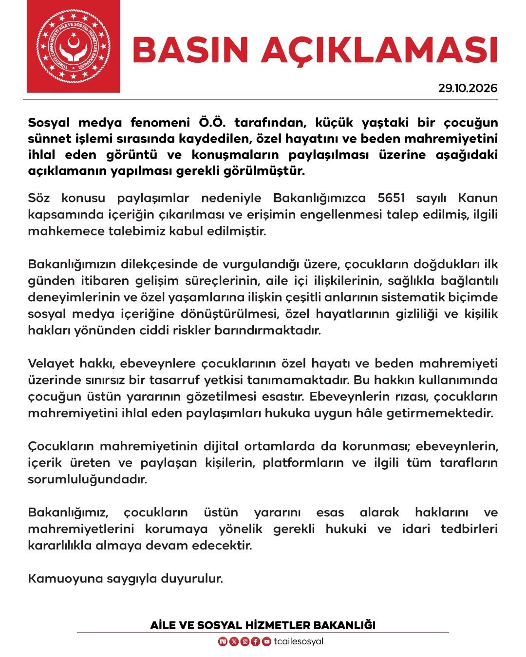 AİLE VE SOSYAL HİZMETLER BAKANLIĞI: "ÇOCUKLARIN MAHREMİYETİNİN DİJİTAL ORTAMLARDA DA KORUNMASI TÜM TARAFLARIN SORUMLULUĞUNDADIR"